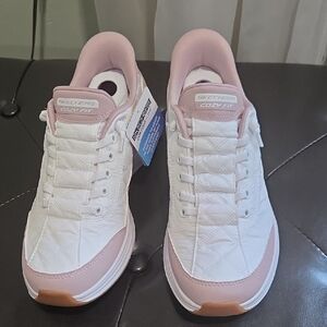 Skechers Cozy Fit Quilted Sneakers in White and Blush Pink